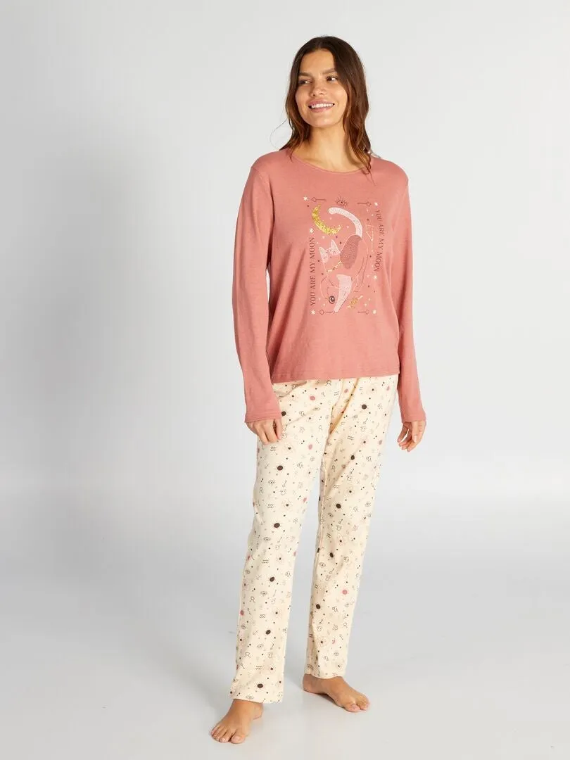 CONJUNTO DE PIJAMA LARGO CAMISETA + PANTALóN DE PUNTO  2 PIEZAS  NARANJA